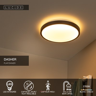 Lucide DASHER - Plafonnier Salle de bains - Ø 41 cm - LED - 1x24W 2700K - IP44 - Détecteur De Mouvement - Noir
